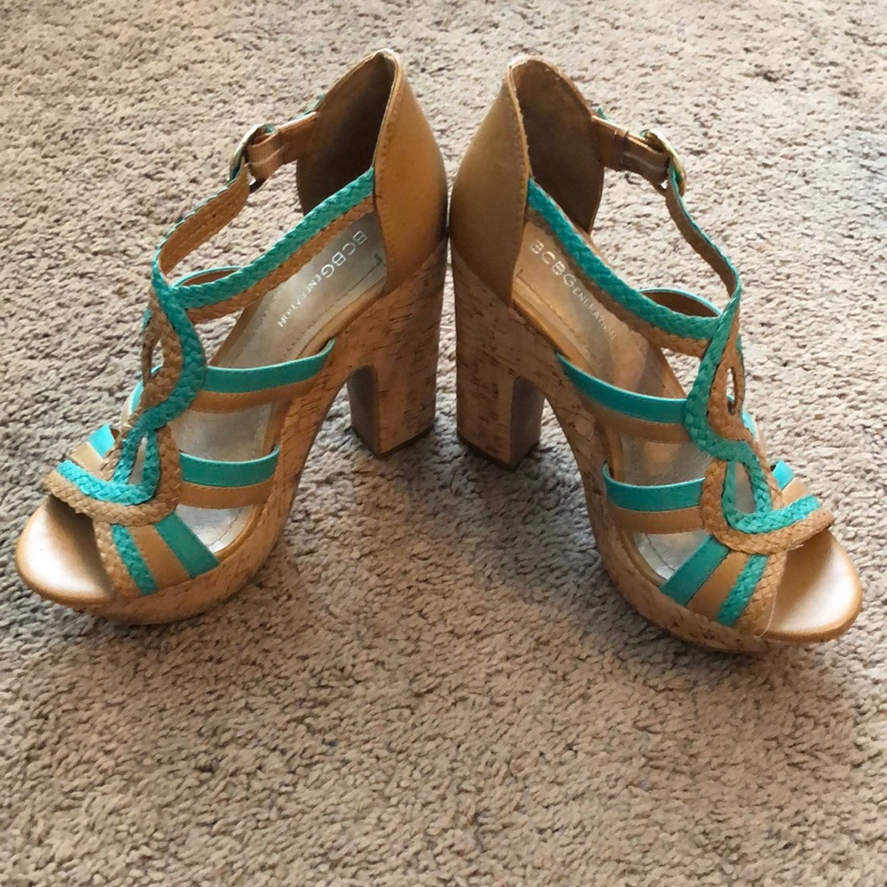 BCBG Platform Teal & Cognac Summer Wedges Sz 7.5 - Picture 4 of 6